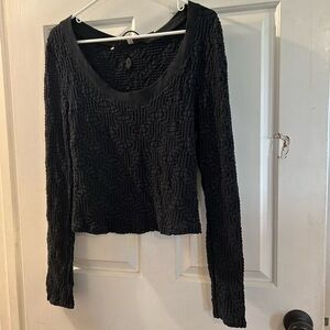 Free People Black Textured Scoop-Neck Long Sleeve Top